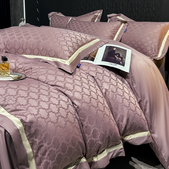 91家纺网 家纺一手货源 找家纺 2024新款轻奢双拼角全棉提花四件套 淤不染-豆沙