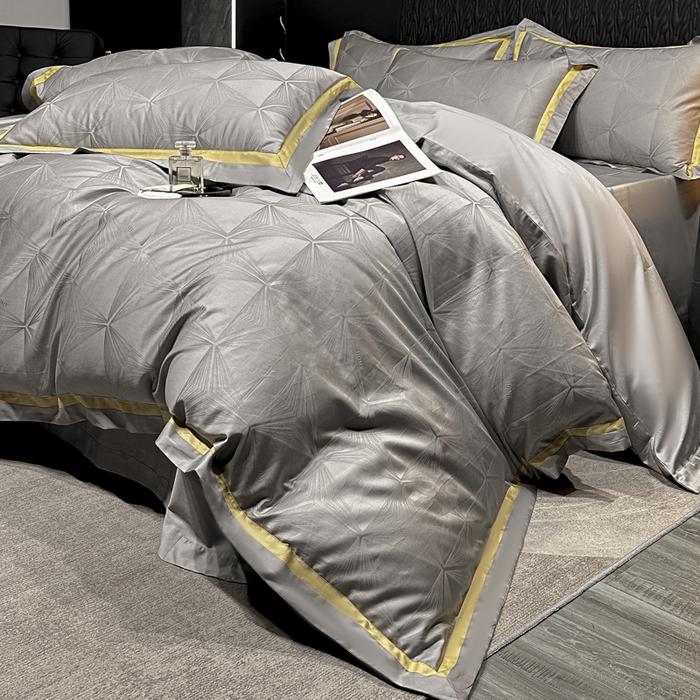 91家纺网 家纺一手货源 找家纺 2024新款轻奢双拼角全棉提花四件套 格拉斯-黎明灰