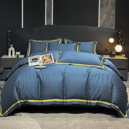 2024新款轻奢双拼角全棉提花四件套 遇见经典-孔雀蓝