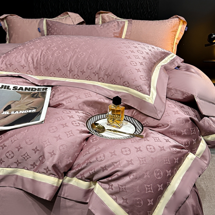 91家纺网 家纺一手货源 找家纺 2024新款轻奢双拼角全棉提花四件套 遇见经典-梅子粉