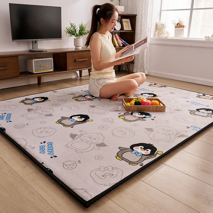 91家纺网 家纺一手货源 找家纺 2024新款高克重牛奶绒海绵地垫 企鹅星星