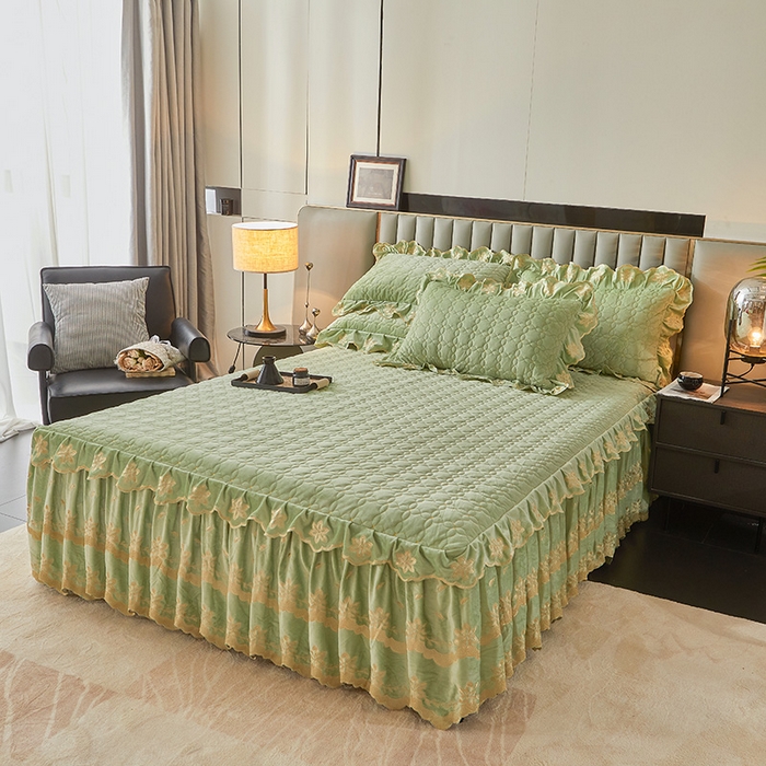 91家纺网 家纺一手货源 找家纺 虹星家纺 2024新款可拆卸宝宝绒夹棉床裙三件套-盛世芳华 盛世芳华 果绿