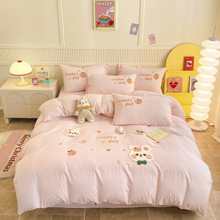 一左一右 2024新款亲肤磨毛水洗棉立体毛巾绣花卡通四件套儿童学生三件套床笠（提供买家秀） 快乐兔兔-粉玉