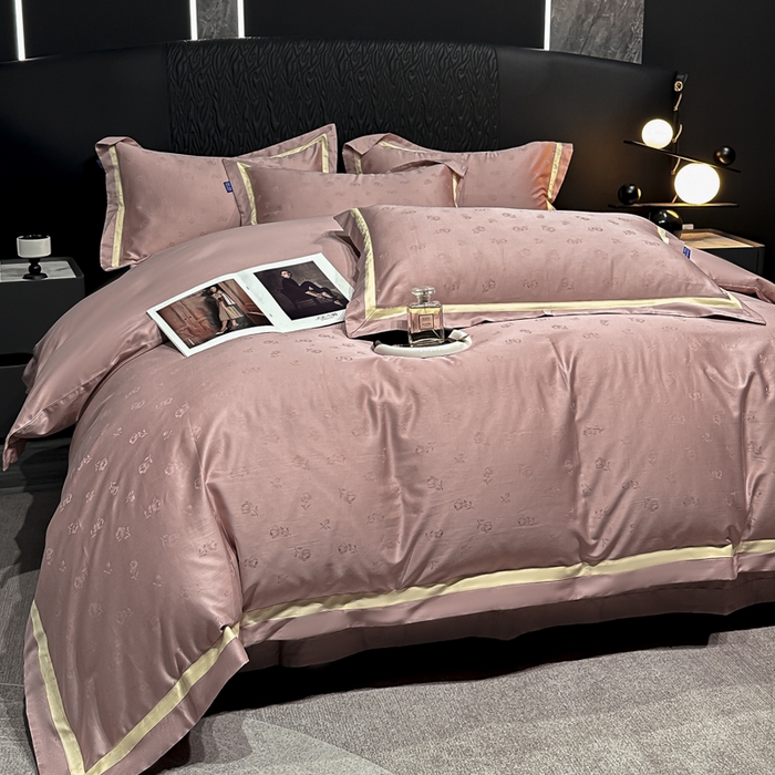 91家纺网 家纺一手货源 找家纺 2024新款轻奢双拼角全棉提花四件套 恋恋花语-樱花粉