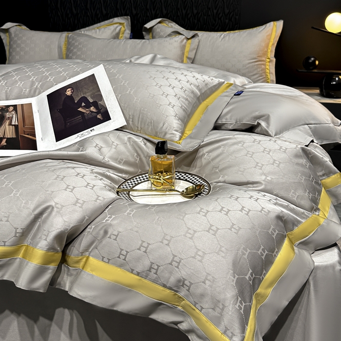 91家纺网 家纺一手货源 找家纺 2024新款轻奢双拼角全棉提花四件套 梵雅-雅士灰