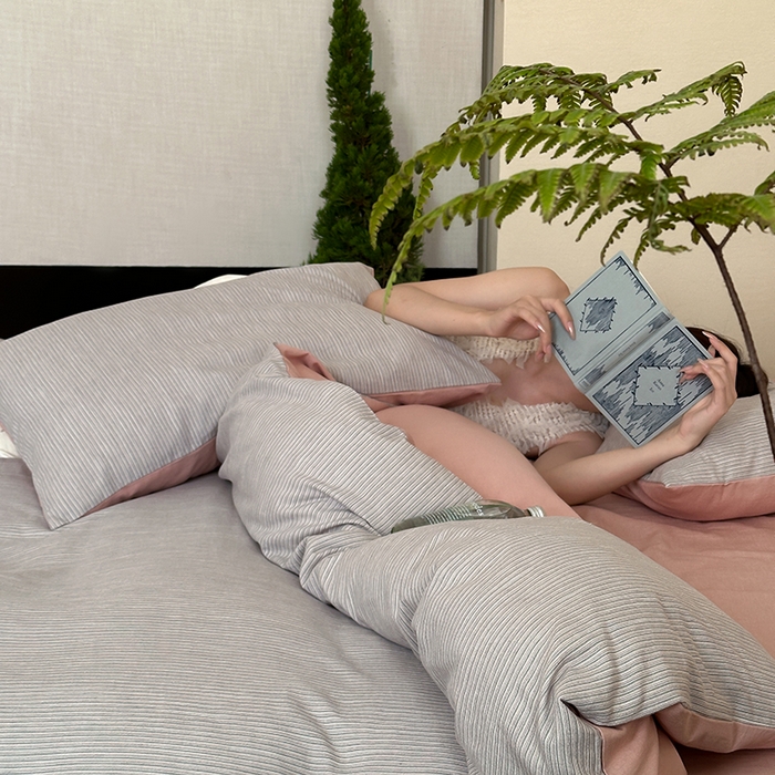 91家纺网 家纺一手货源 找家纺 2024新款全棉水洗提花工艺四件套-时光巴黎 时光蓝条