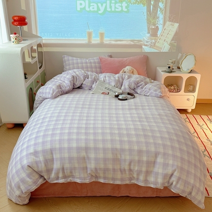 美乐迪家纺 2024新款牛奶绒格子四件套系列 紫格