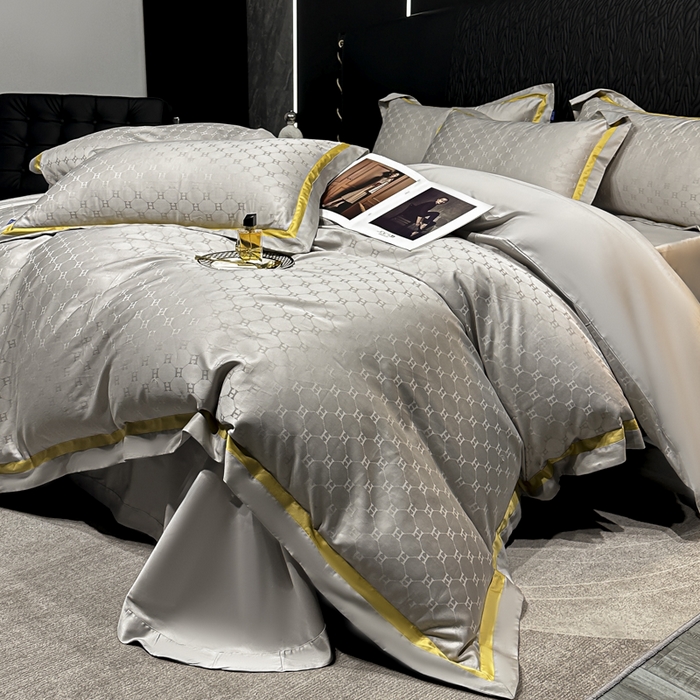 91家纺网 家纺一手货源 找家纺 2024新款轻奢双拼角全棉提花四件套 梵雅-雅士灰