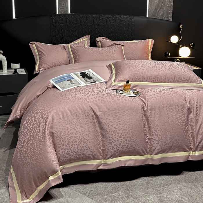 91家纺网 家纺一手货源 找家纺 2024新款轻奢双拼角全棉提花四件套 豹纹-樱花粉