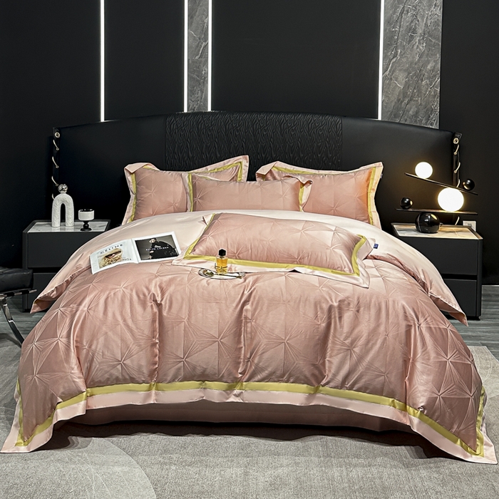 91家纺网 家纺一手货源 找家纺 2024新款轻奢双拼角全棉提花四件套 格拉斯-粉玉