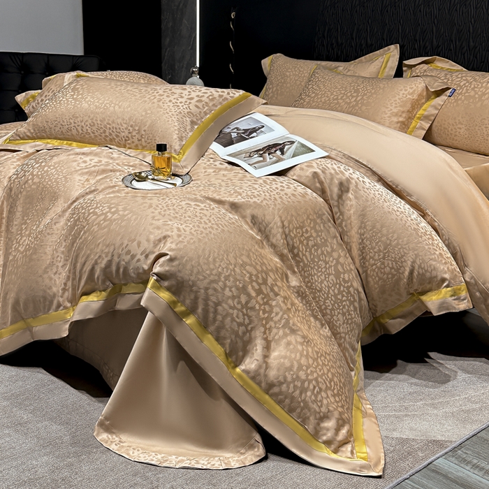 91家纺网 家纺一手货源 找家纺 2024新款轻奢双拼角全棉提花四件套 豹纹-香槟金