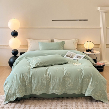 艾莱家纺 2024新款A类新疆长绒棉加厚柔顺磨毛四件套-烂漫花开（风格二） 花开烂漫-芦草绿