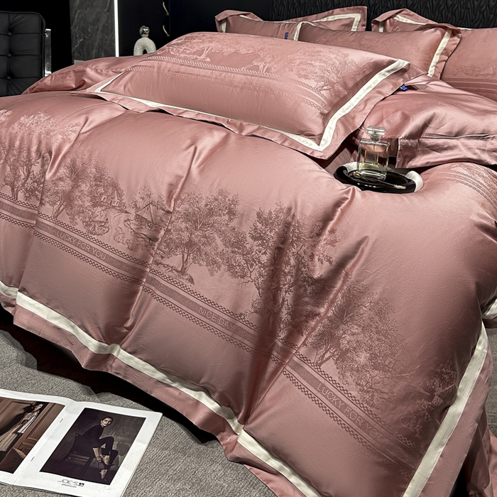 91家纺网 家纺一手货源 找家纺 2024新款轻奢双拼角全棉提花四件套 卡格洛-皮粉