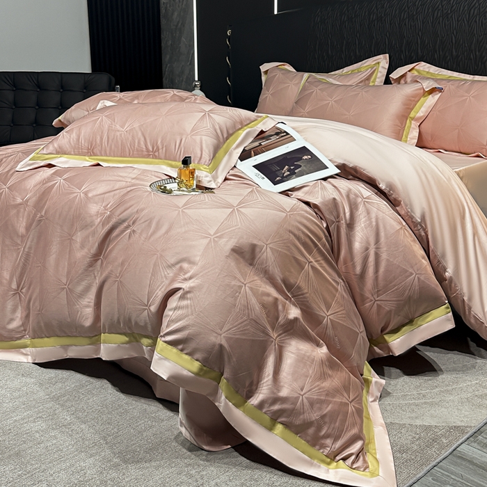 91家纺网 家纺一手货源 找家纺 2024新款轻奢双拼角全棉提花四件套 格拉斯-粉玉