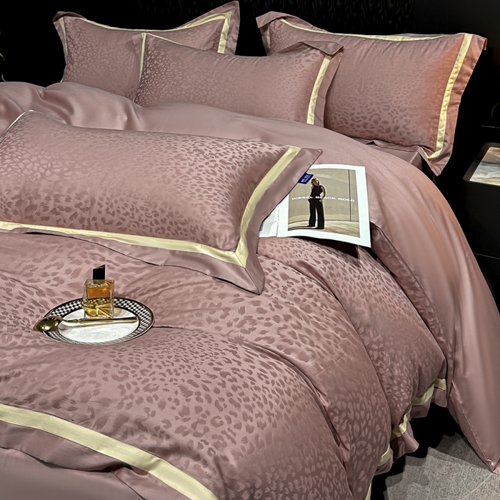 91家纺网 家纺一手货源 找家纺 2024新款轻奢双拼角全棉提花四件套 豹纹-樱花粉