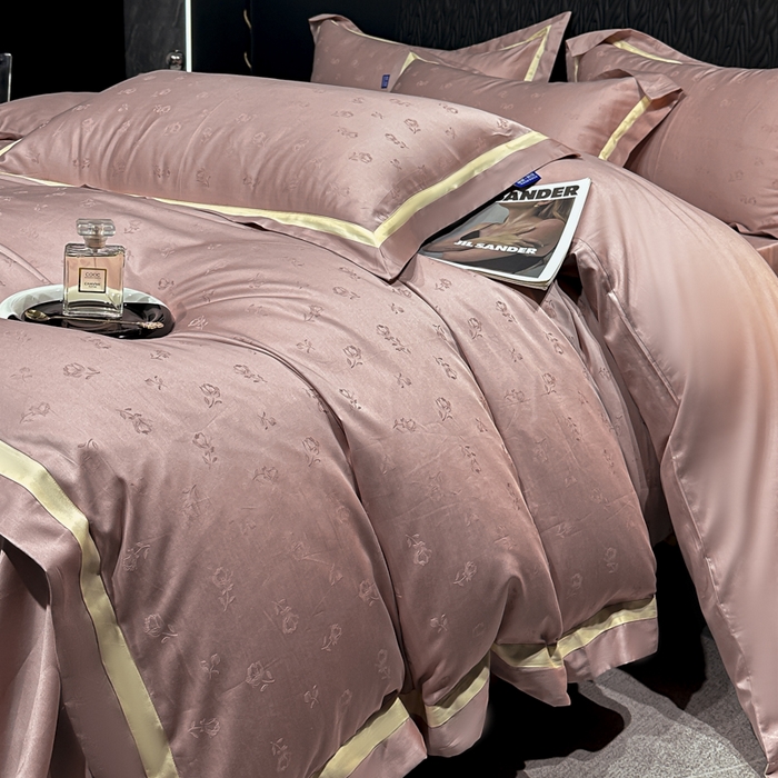 91家纺网 家纺一手货源 找家纺 2024新款轻奢双拼角全棉提花四件套 恋恋花语-樱花粉