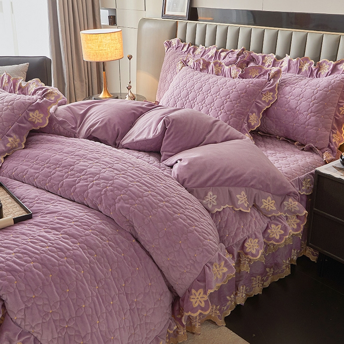 91家纺网 家纺一手货源 找家纺 虹星家纺 2024新款可拆卸宝宝绒夹棉床裙三四件套-盛世芳华 盛世芳华 香芋紫