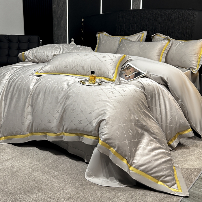 91家纺网 家纺一手货源 找家纺 2024新款轻奢双拼角全棉提花四件套 大牌恋曲-高级灰