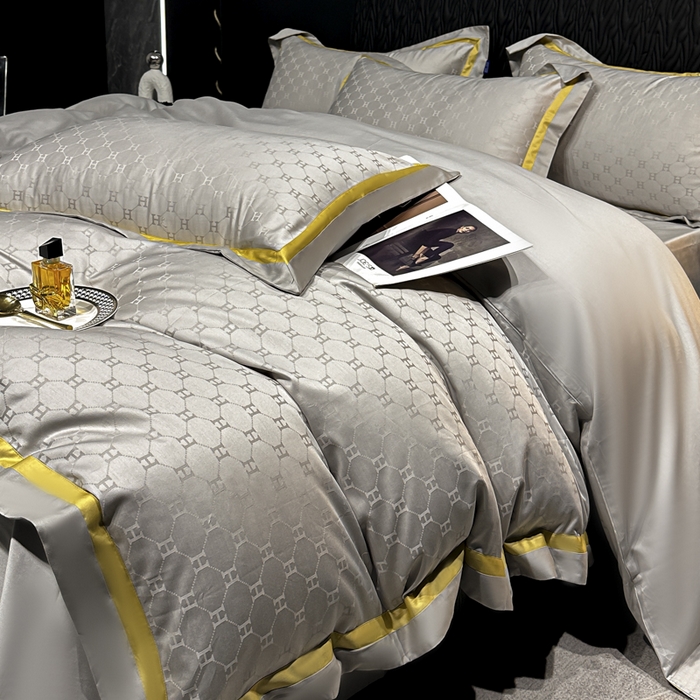 91家纺网 家纺一手货源 找家纺 2024新款轻奢双拼角全棉提花四件套 梵雅-雅士灰