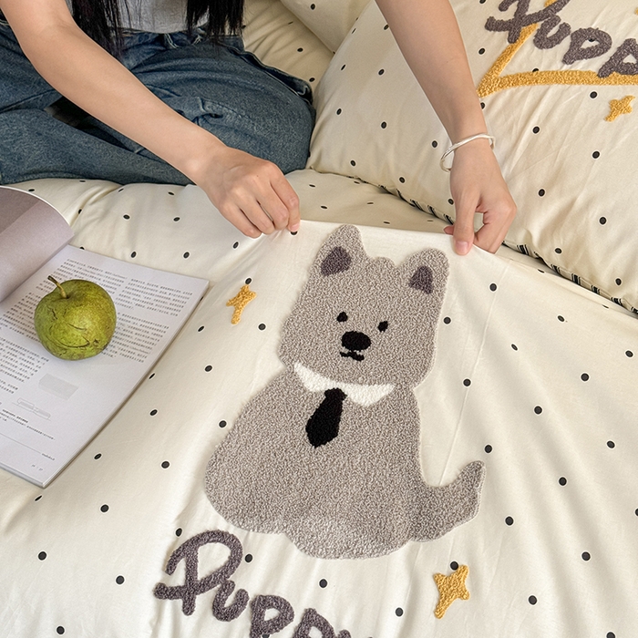 91家纺网 家纺一手货源 找家纺 2024新款全棉数码毛巾绣ins系列四件套 狗狗先生