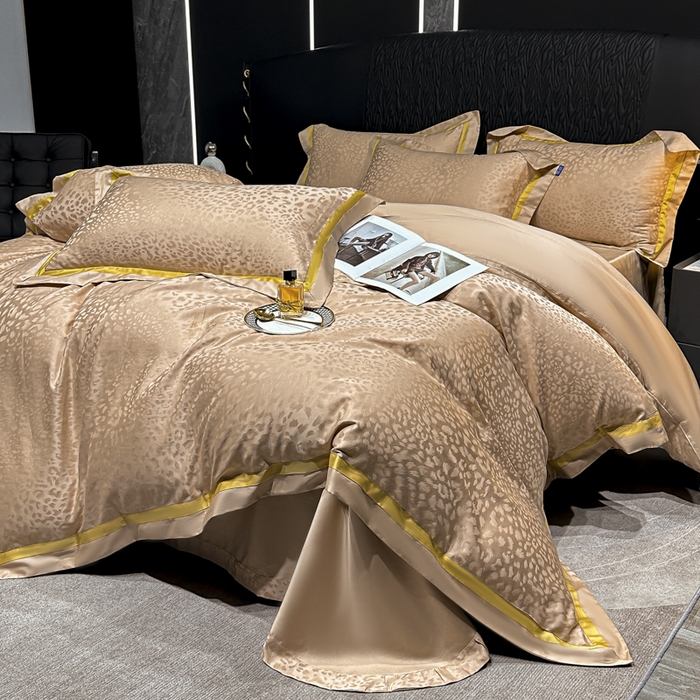 91家纺网 家纺一手货源 找家纺 2024新款轻奢双拼角全棉提花四件套 豹纹-香槟金