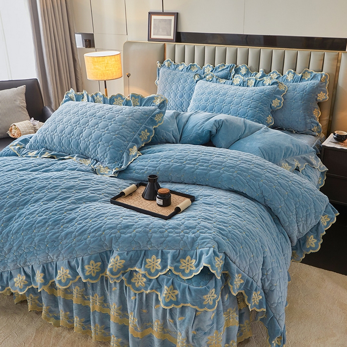 91家纺网 家纺一手货源 找家纺 虹星家纺 2024新款可拆卸宝宝绒夹棉床裙三四件套-盛世芳华 盛世芳华 天蓝