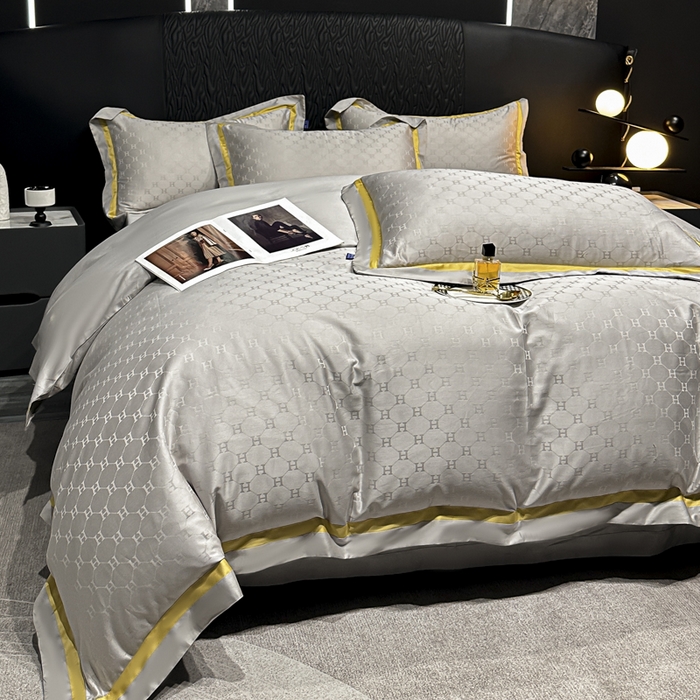 91家纺网 家纺一手货源 找家纺 2024新款轻奢双拼角全棉提花四件套 梵雅-雅士灰