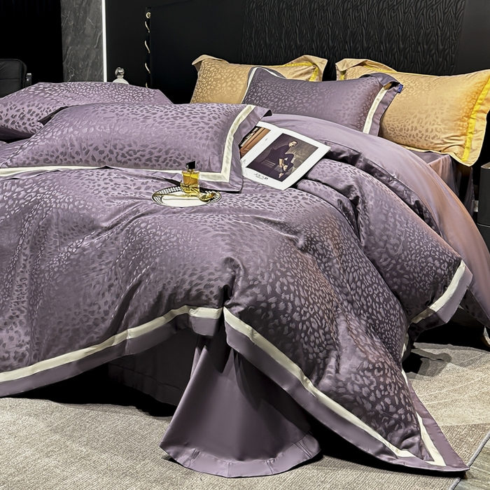 91家纺网 家纺一手货源 找家纺 2024新款轻奢双拼角全棉提花四件套 豹纹-魅力紫