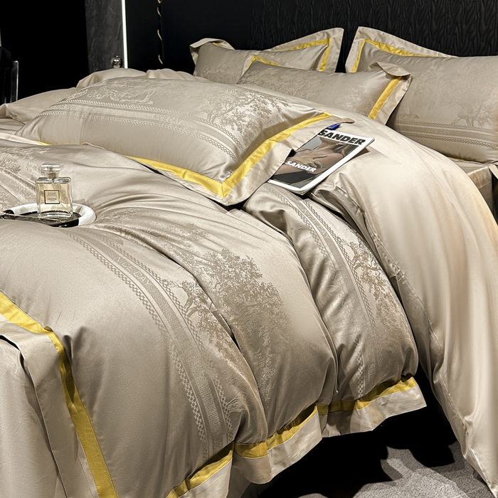 91家纺网 家纺一手货源 找家纺 2024新款轻奢双拼角全棉提花四件套 卡格洛-卡其