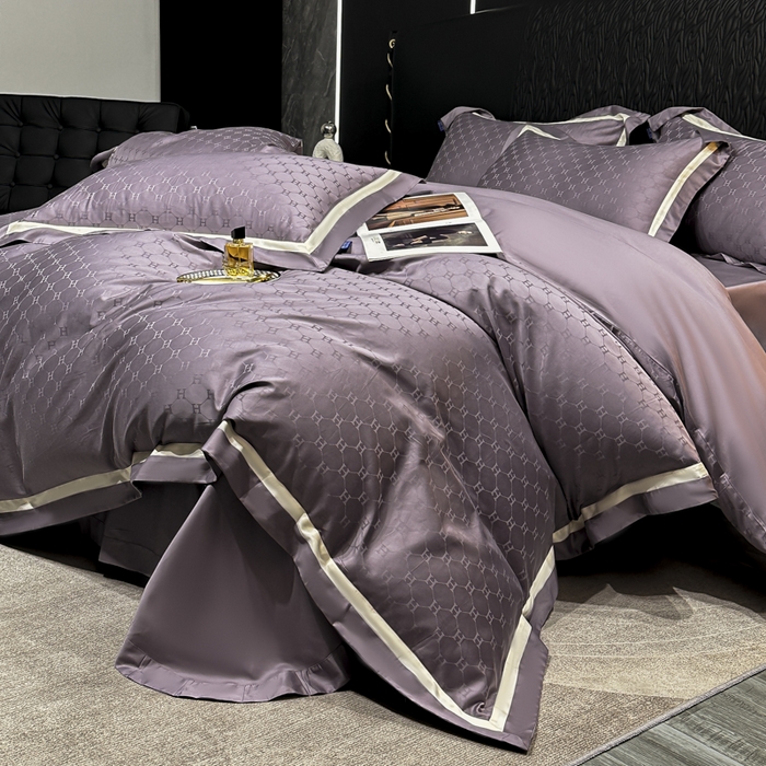91家纺网 家纺一手货源 找家纺 2024新款轻奢双拼角全棉提花四件套 梵雅-葡萄紫