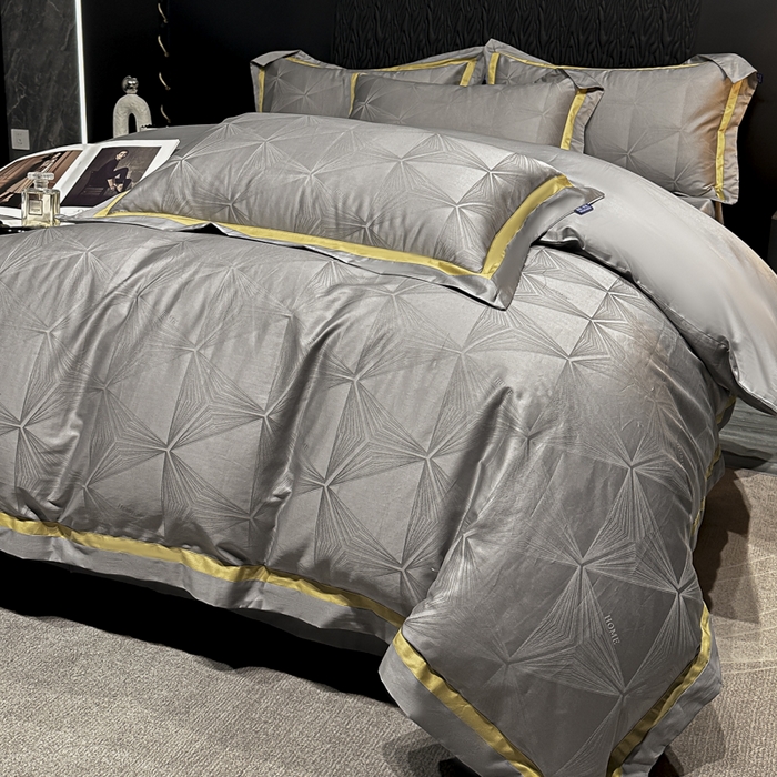 91家纺网 家纺一手货源 找家纺 2024新款轻奢双拼角全棉提花四件套 格拉斯-黎明灰