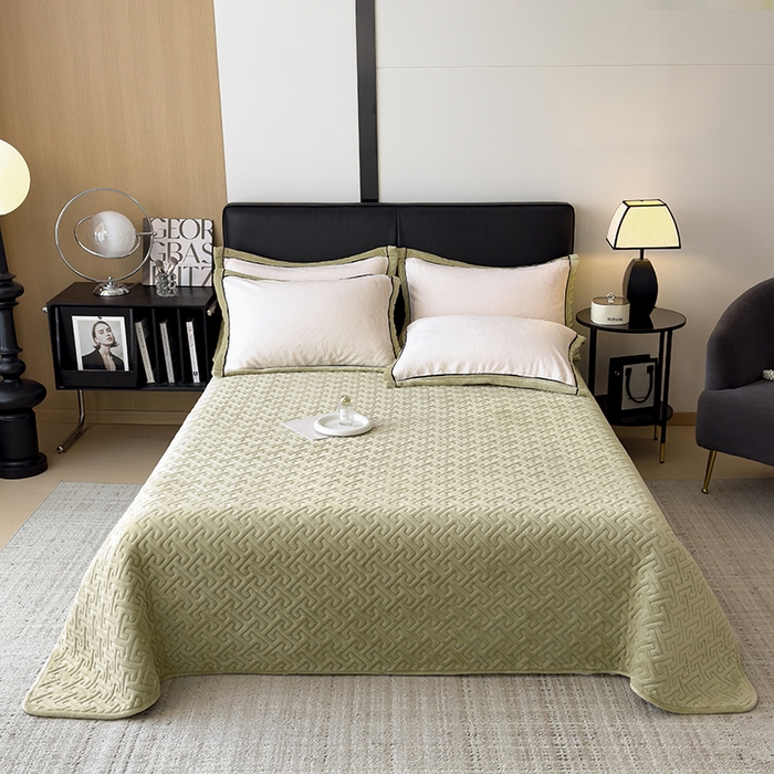 91家纺网 家纺一手货源 找家纺 欧邦 新款新款纯色牛奶绒夹棉床盖四件套 米白+芥黄