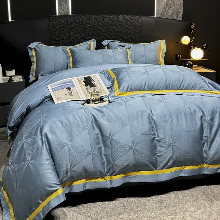 91家纺网 家纺一手货源 找家纺 2024新款轻奢双拼角全棉提花四件套 格拉斯-月光兰