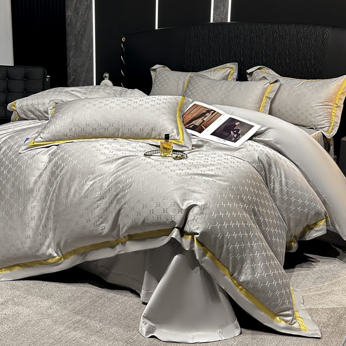 91家纺网 家纺一手货源 找家纺 2024新款轻奢双拼角全棉提花四件套 梵雅-雅士灰