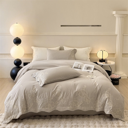 艾莱家纺 2024新款A类新疆长绒棉加厚柔顺磨毛四件套-烂漫花开（风格二） 花开烂漫-大麦灰