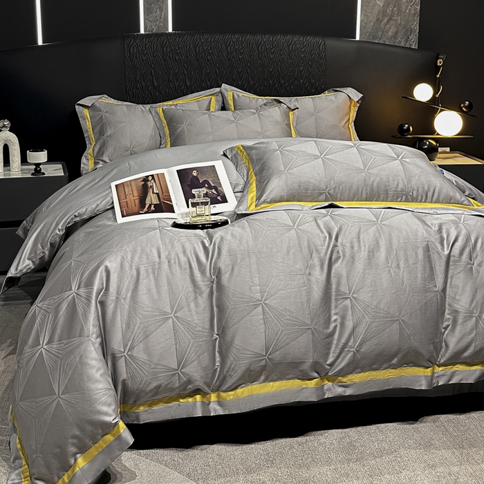 91家纺网 家纺一手货源 找家纺 2024新款轻奢双拼角全棉提花四件套 格拉斯-黎明灰