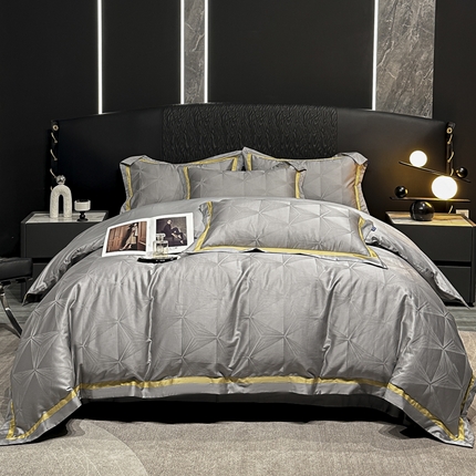 91家纺网 家纺一手货源 找家纺 2024新款轻奢双拼角全棉提花四件套 格拉斯-黎明灰