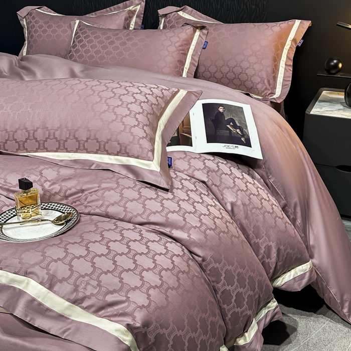 91家纺网 家纺一手货源 找家纺 2024新款轻奢双拼角全棉提花四件套 淤不染-豆沙