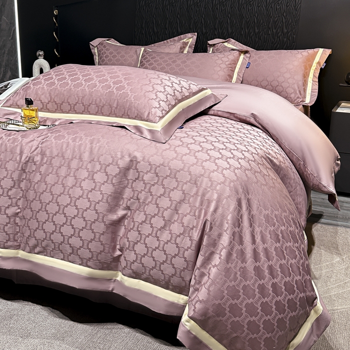 91家纺网 家纺一手货源 找家纺 2024新款轻奢双拼角全棉提花四件套 淤不染-豆沙