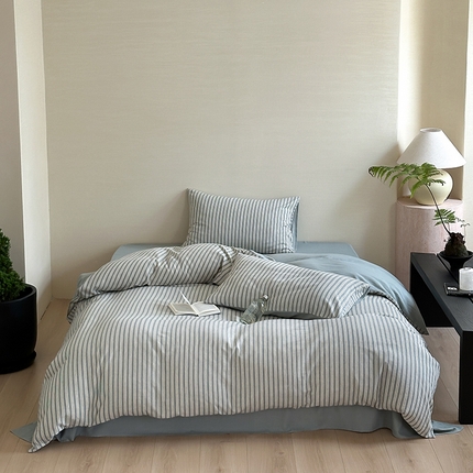 91家纺网 家纺一手货源 找家纺 2024新款全棉水洗提花工艺四件套-时光巴黎 巴黎蓝条