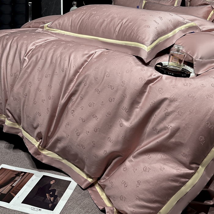 91家纺网 家纺一手货源 找家纺 2024新款轻奢双拼角全棉提花四件套 恋恋花语-樱花粉