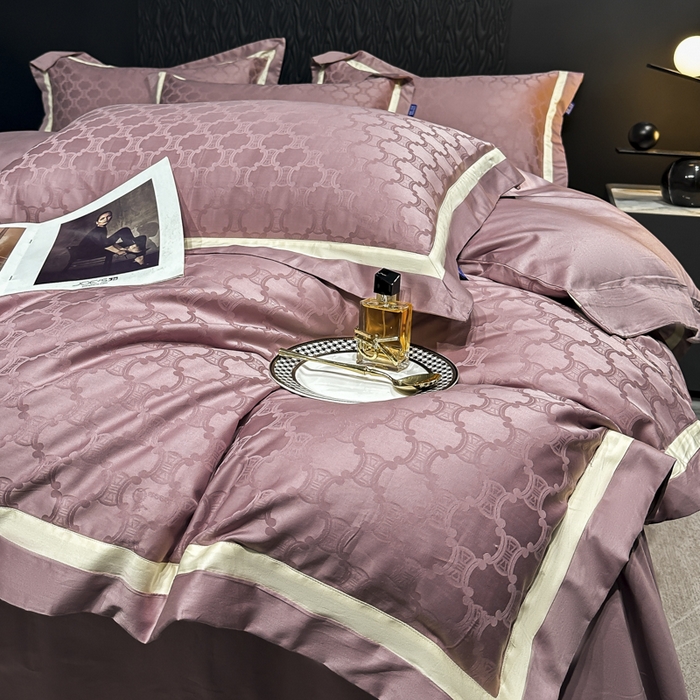 91家纺网 家纺一手货源 找家纺 2024新款轻奢双拼角全棉提花四件套 淤不染-豆沙