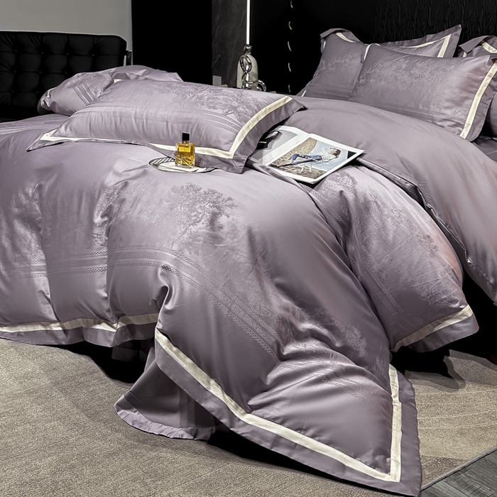 91家纺网 家纺一手货源 找家纺 2024新款轻奢双拼角全棉提花四件套 卡格洛-紫色