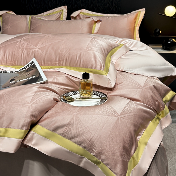 91家纺网 家纺一手货源 找家纺 2024新款轻奢双拼角全棉提花四件套 格拉斯-粉玉