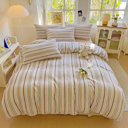 91家纺网 家纺一手货源 找家纺 艾咪-Amy ntmy 2024新款条纹牛奶绒三件套四件套 奶咖