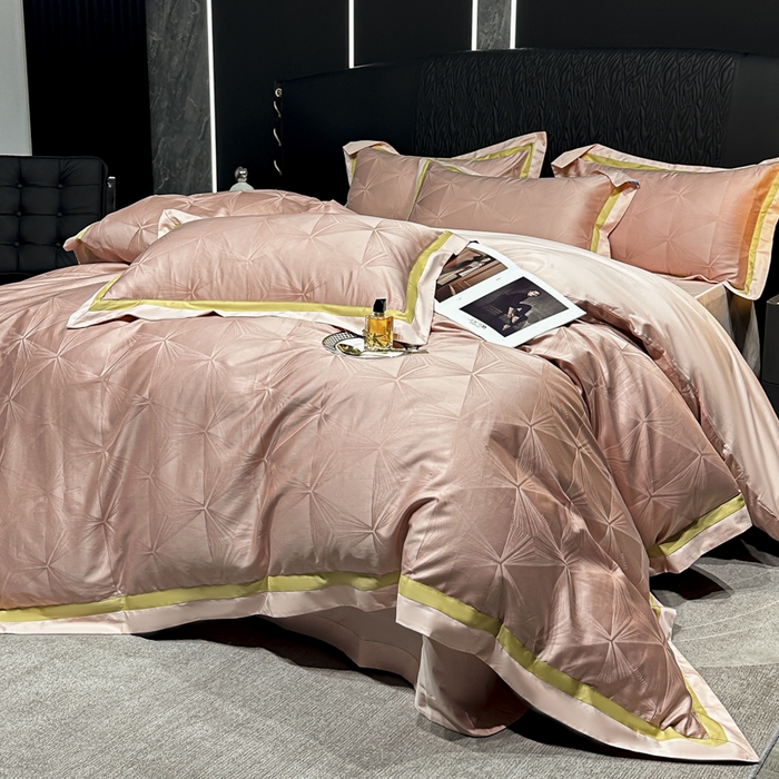 91家纺网 家纺一手货源 找家纺 2024新款轻奢双拼角全棉提花四件套 格拉斯-粉玉