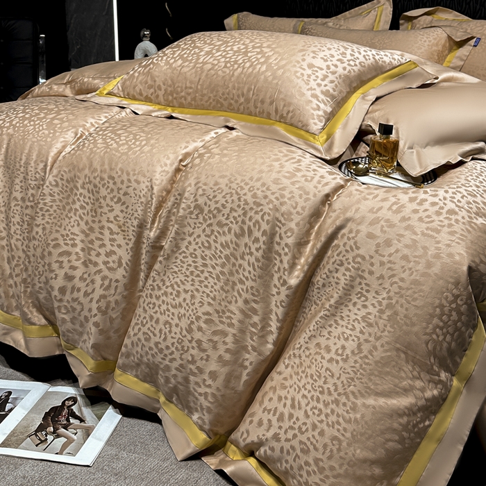 91家纺网 家纺一手货源 找家纺 2024新款轻奢双拼角全棉提花四件套 豹纹-香槟金