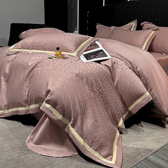 91家纺网 家纺一手货源 找家纺 2024新款轻奢双拼角全棉提花四件套 豹纹-樱花粉