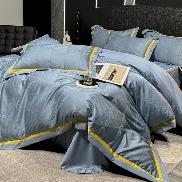 91家纺网 家纺一手货源 找家纺 2024新款轻奢双拼角全棉提花四件套 格拉斯-月光兰