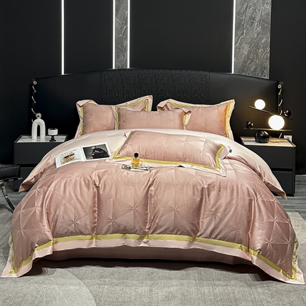 91家纺网 家纺一手货源 找家纺 2024新款轻奢双拼角全棉提花四件套 格拉斯-粉玉